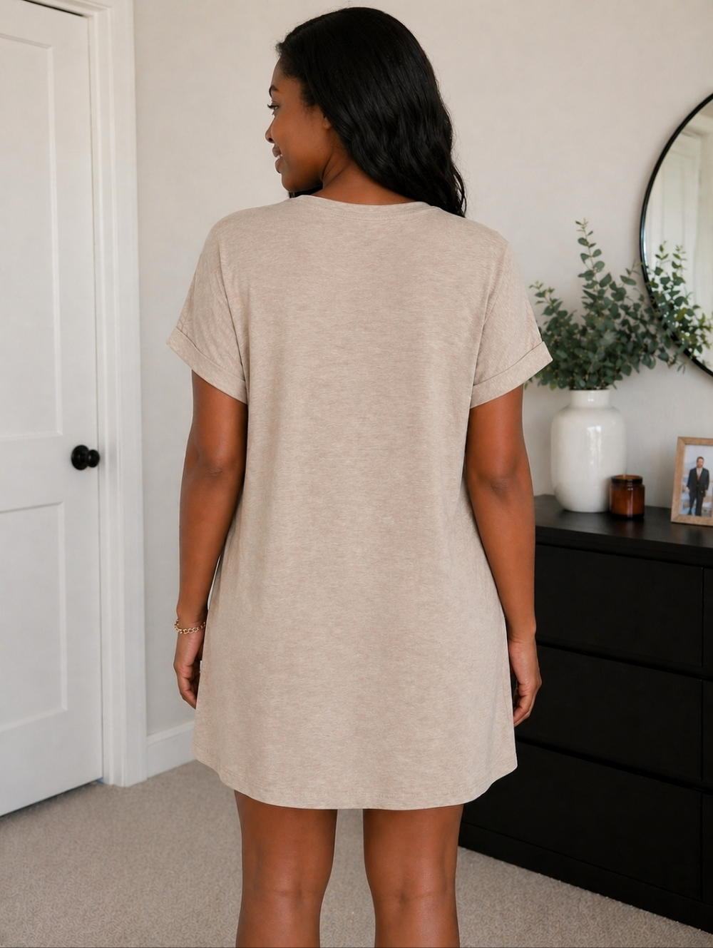 Zenana Beige T-Shirt Dress | Casual Chic Pocket Dress Soft Stretch Lounge - Picture 3 of 4
